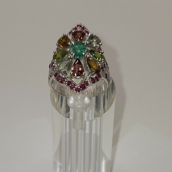 .925 Sterling Silver Natural Emerald/Ruby/Tourmaline Pear/Oval Ring Size 9. $655 - Picture 3 of 7